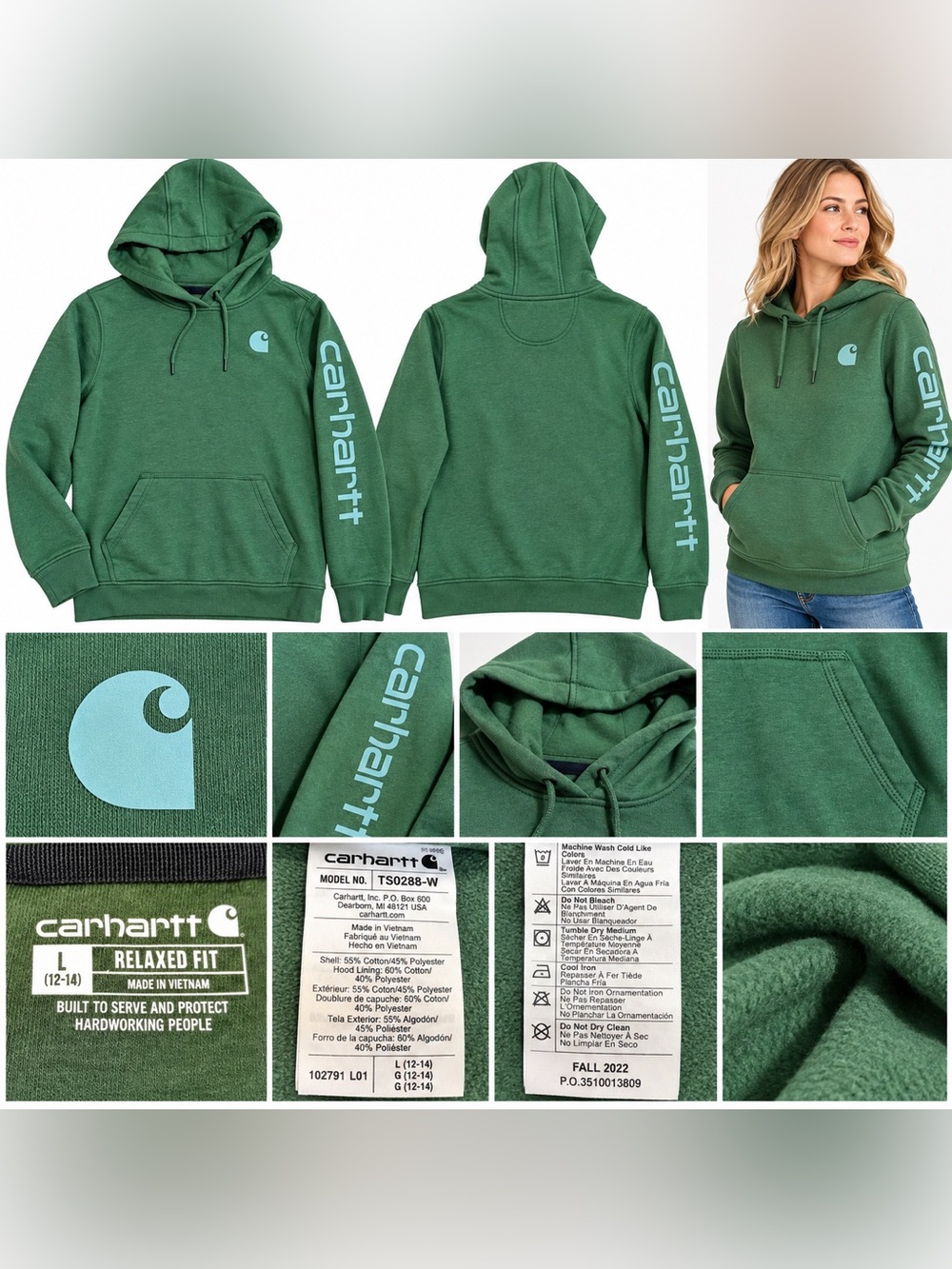 Carhartt Women’s Large Green Relaxed Fit Logo Sleeve Pullover Hoodie